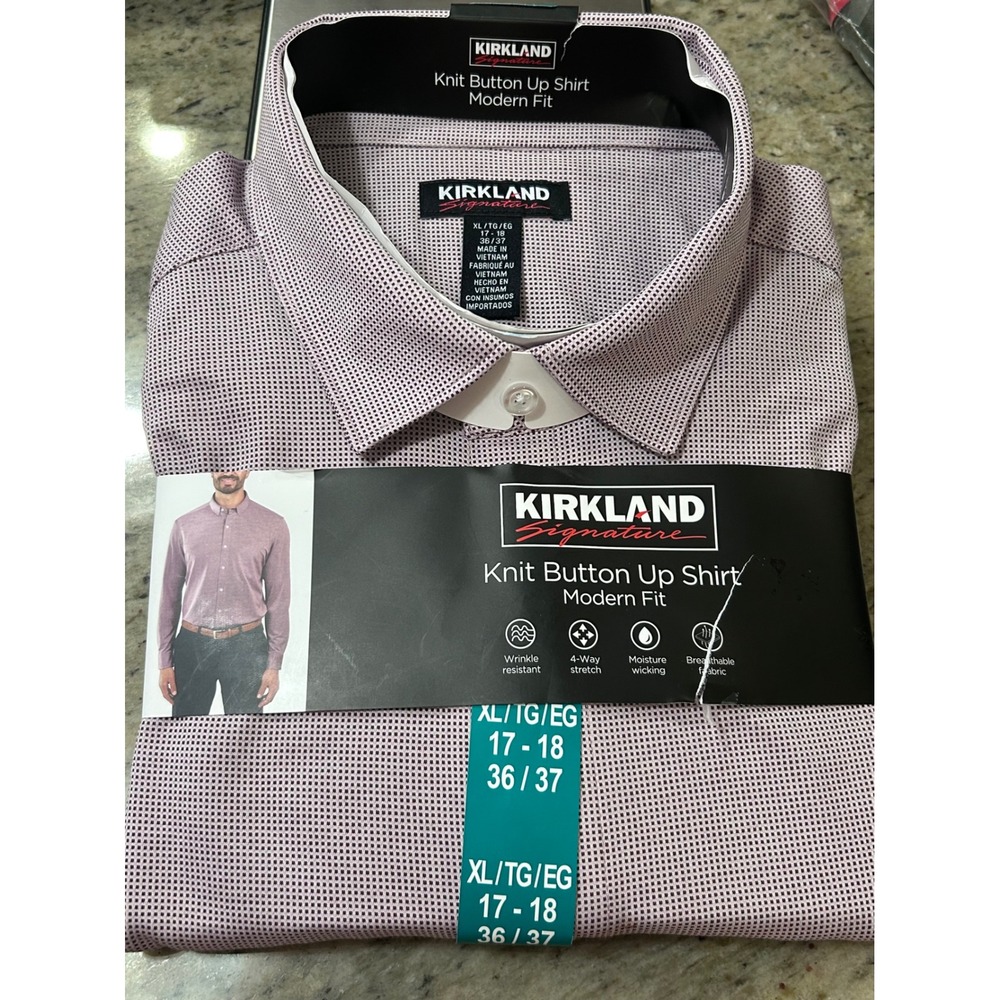 NWT Kirkland Signature Mens Modern Knit Button Up Shirt Burgundy XL 17-18‎ 36/37